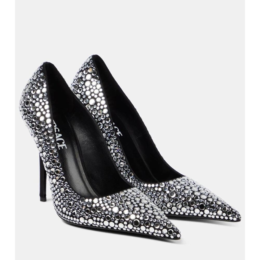 Versace Pumps 40/US 10 Black Crystal Embellished Leather Heel NIB $1,450